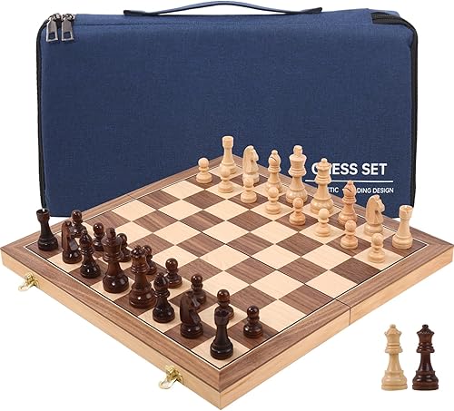 Miniatura 9 de Juego de ajedrez de madera de 15 pulgadas, tablero de juego clásico hecho a mano para adultos con piezas extra Queen y caja de almacenamiento, ideal