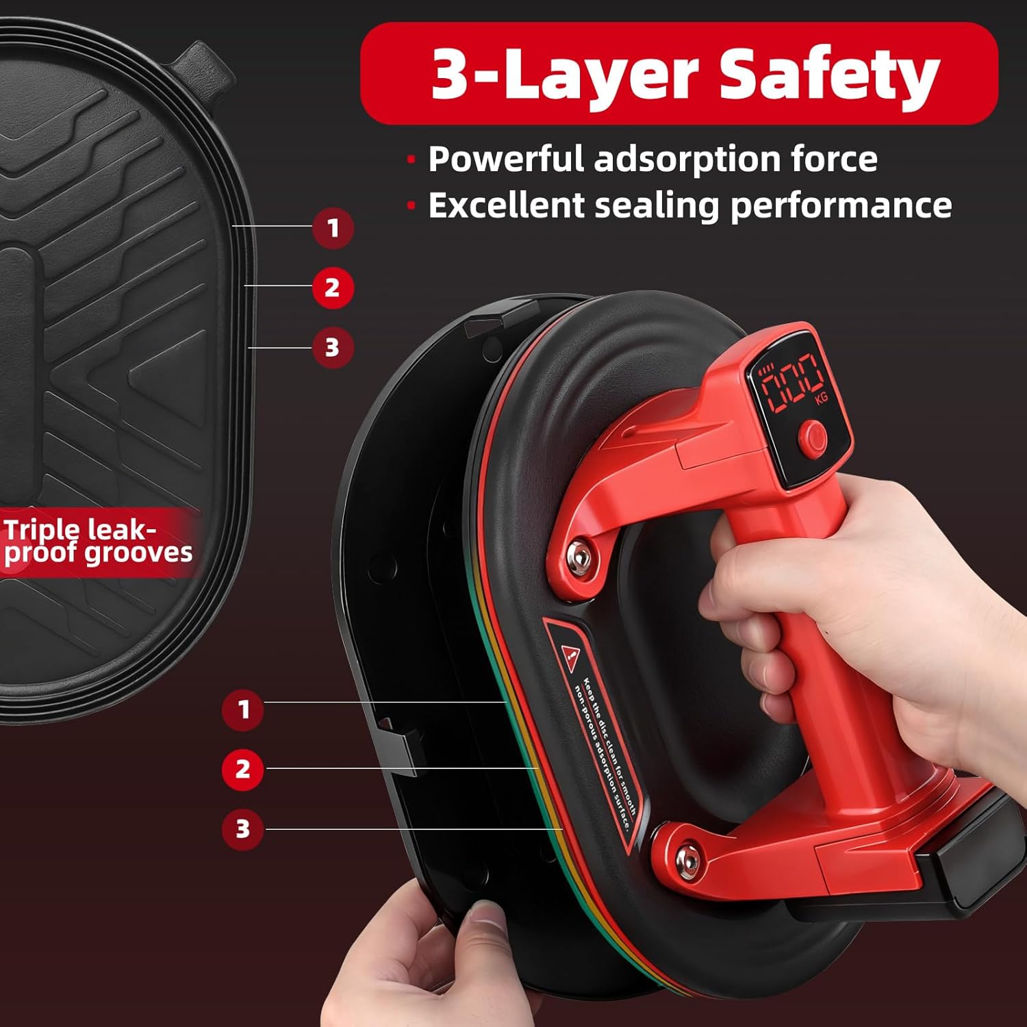 Electric Suction Cup Lifter Max Load 573 lbs, 10" Base with LED Display for Battery Suction Cup, Two Removable 3000 mAh Batteries for Lifting Large Glass, Granite, Tiles, Metal