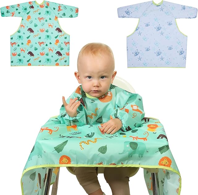 Lictin Coverall Baby Feeding Bibs - 2-pack Long Sleeve Baby Bibs for Eating