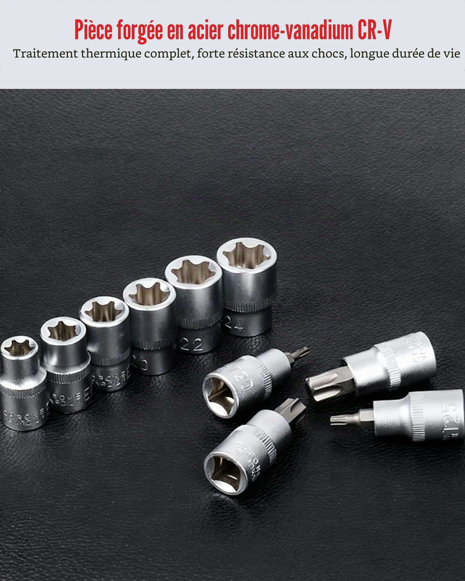 Lot de 34 douilles Torx mâles femelles : E4-E20 T10-T60 avec embouts T10-T55 et adaptateur 3/8"