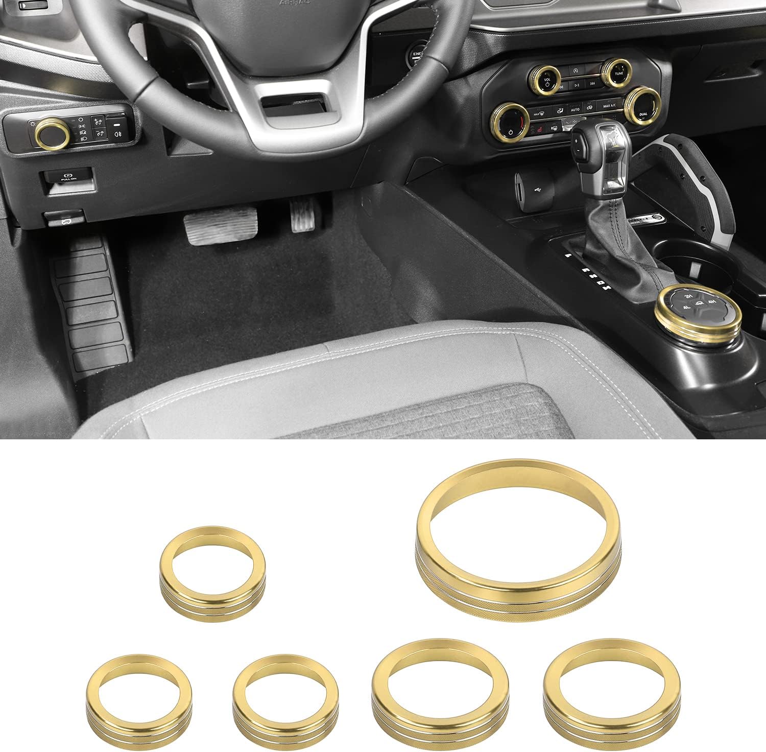 for Ford Bronco Air Conditioner Headlight 4WD Switch Knob Cover,Aluminum Alloy 4 Wheel Driver Trailer Gear Switch Knob Cover Kit 6Pcs for 2021-2022 Ford Bronco Accessories (Gold)