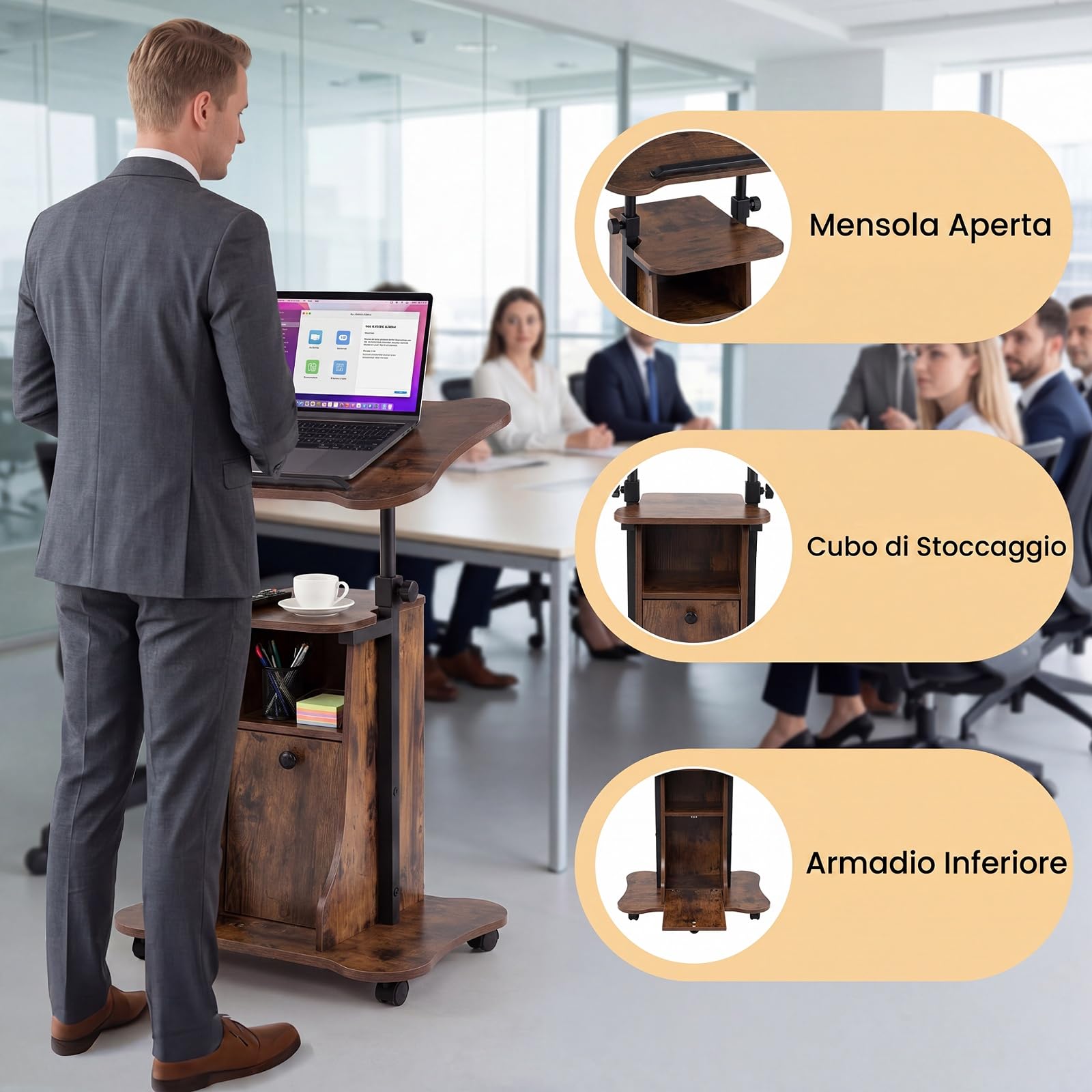 COSTWAY Podio Conferenza, Leggio Regolabile in Altezza con Ruote, Piano Inclinabile, Ripiano, Vano e Armadietto, Scrivania Porta PC per Casa e Ufficio, 55 x 40 x 68,5-91,5 cm