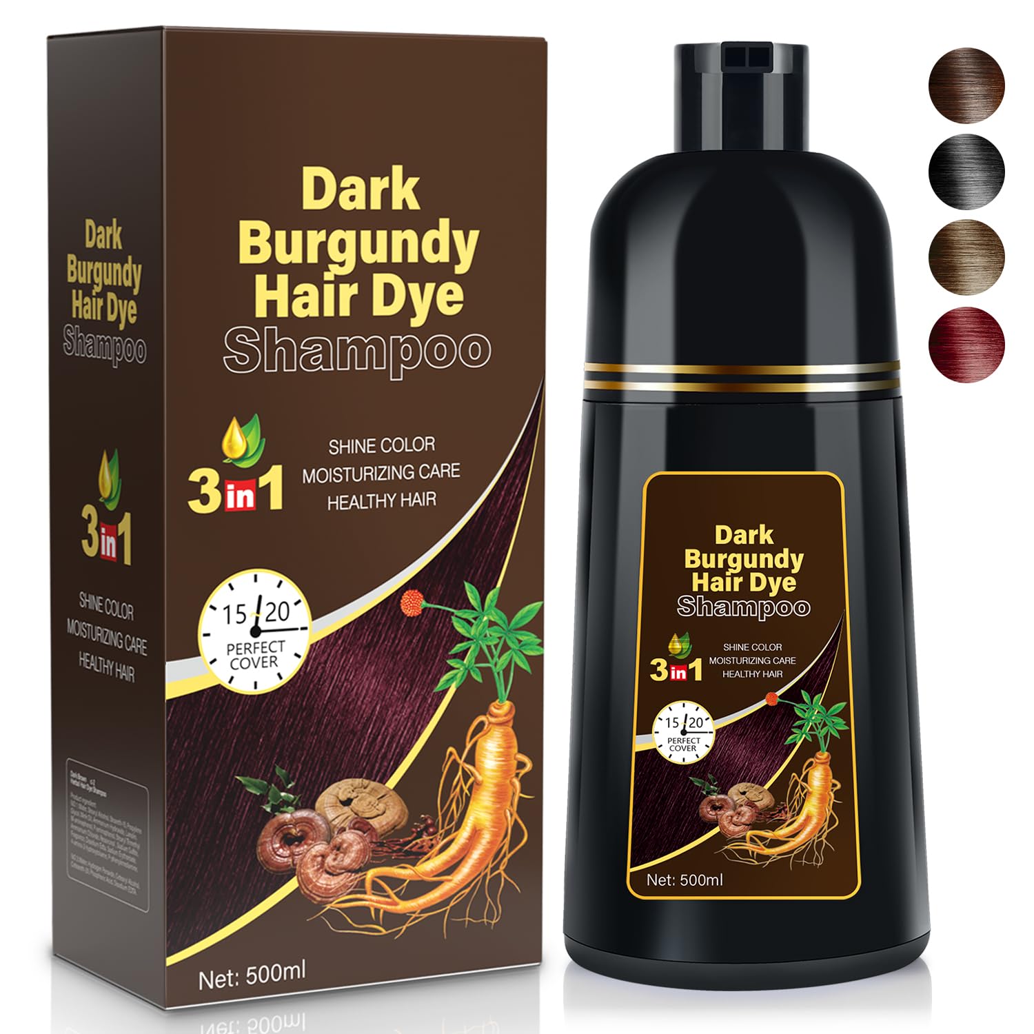 Dark Burgundy Hair Dye Shampoo for Women and Men, Instant & Easy 3-in-1 Hair Dye Shampoo with Herbal Ingredients Ammonia-free Lasts 30 Days (Dark Burgundy)