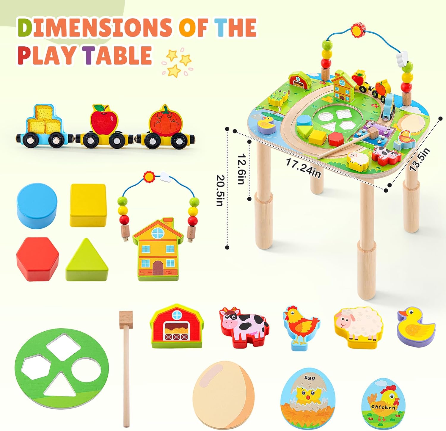 Activity Table for 1 Year Old with Two Height Levels,Wooden Sensory Play Table for Toddlers 1-3,8 in 1 Montessori Learning Toy with Bead Maze, Shape Sorter & Train,Gift for Baby Boys Girls (Farm)