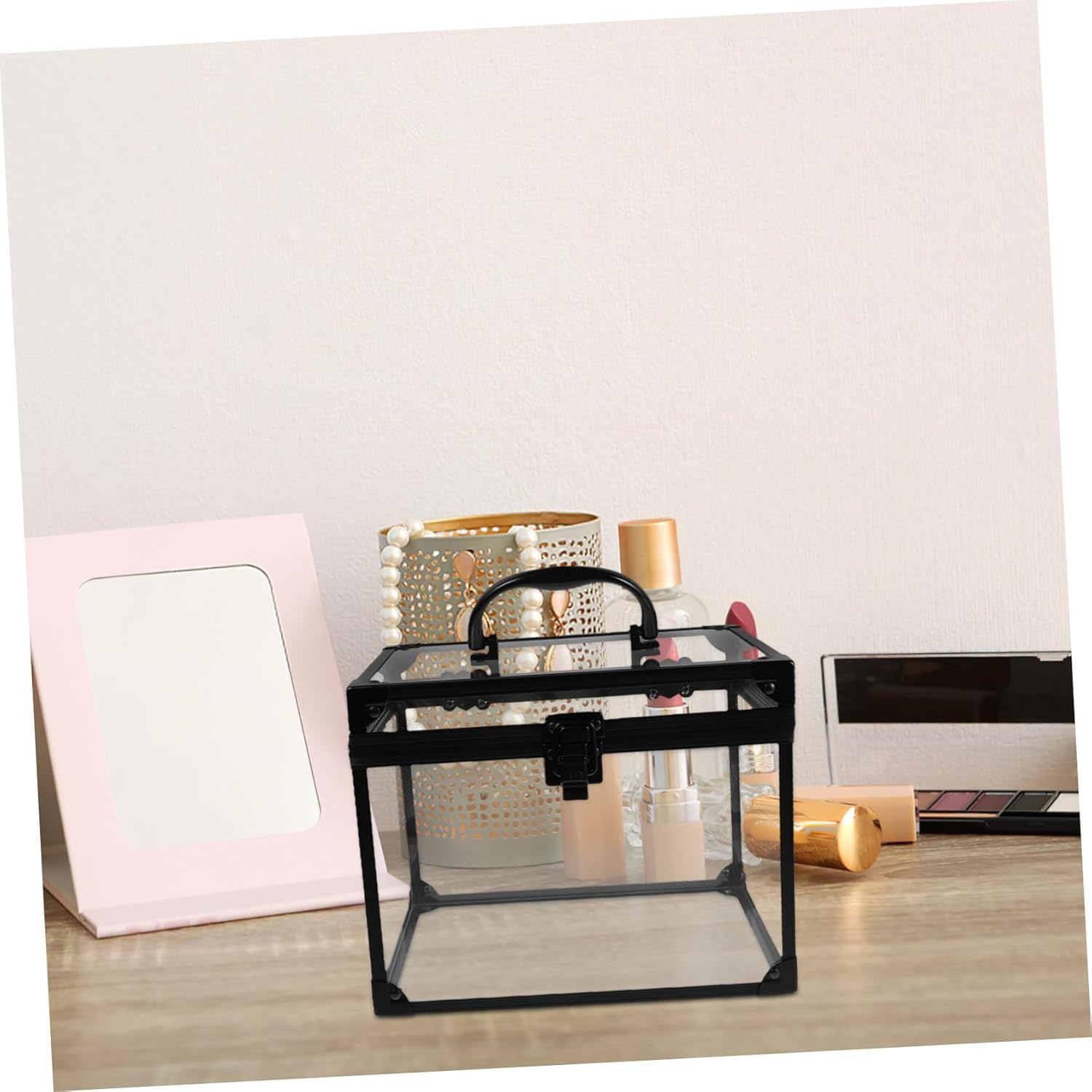 Lockable Jewelry Organizer Travel Makeup Case Transparent Storage Box Earring Ring Holder Key Lock Storage