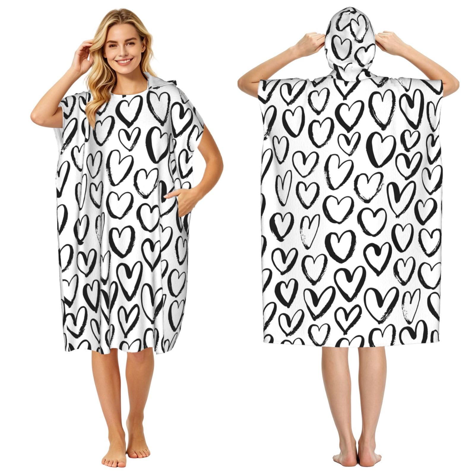 Poadnly Seamless Pattern With Hearts, Adult Hooded Beach Towel 90 x 110 cm,Changing Bath Robe, Surf Poncho Towel For Women Men