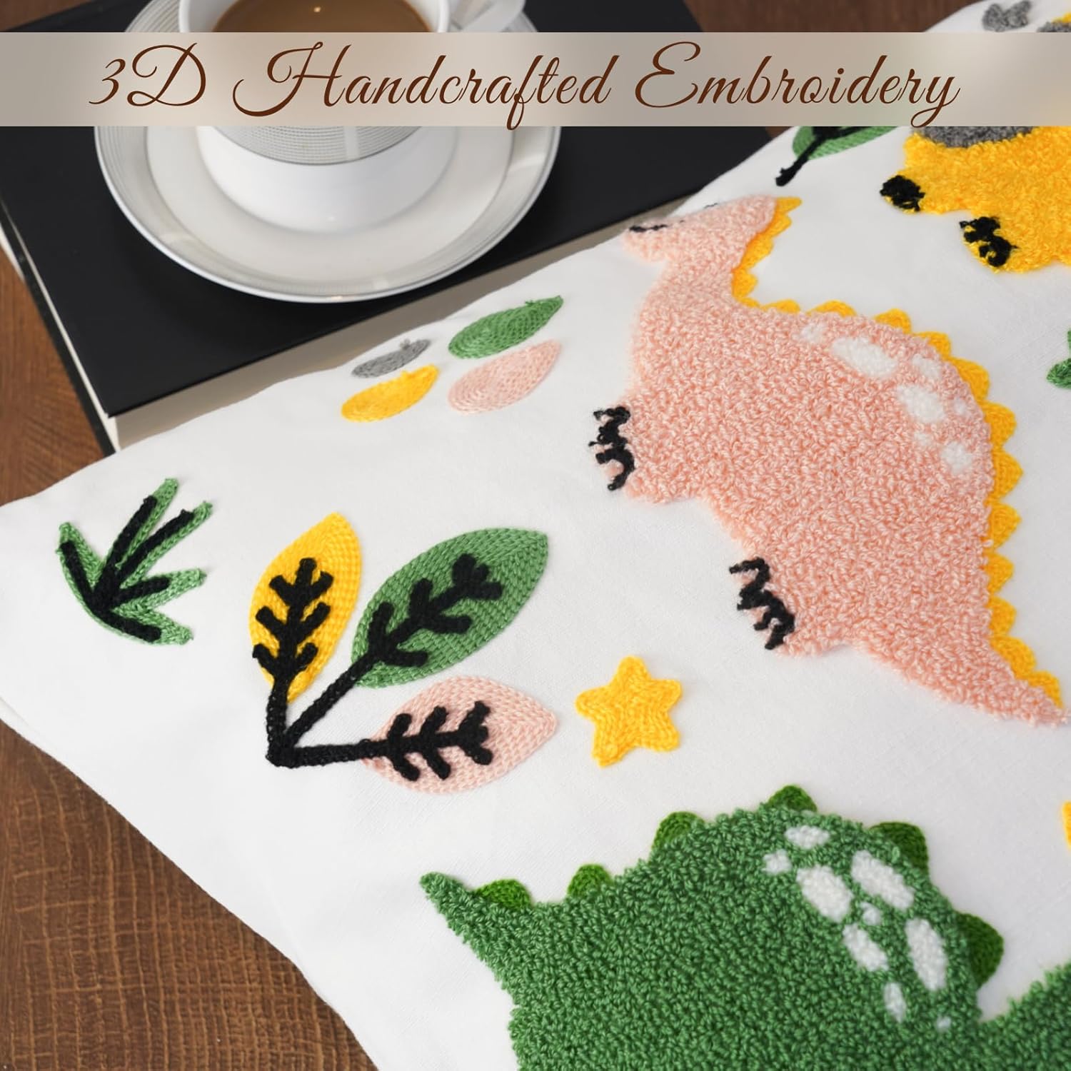 Embroidery Throw Pillow Covers 18x18-2 Pcs, Decorative Pillow Cases Soft Cushion Case Pillowcase for Chair Sofa Bedroom Living Room Home Decor, Dinosaur