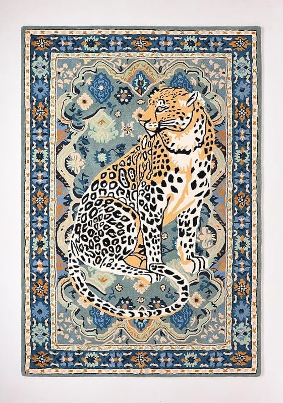 Leopard Area Rug Animal Print 9' x 12' Blue Oriental Accent for Living Room Bedroom Office Decorative Carpet Vintage Floor Decor