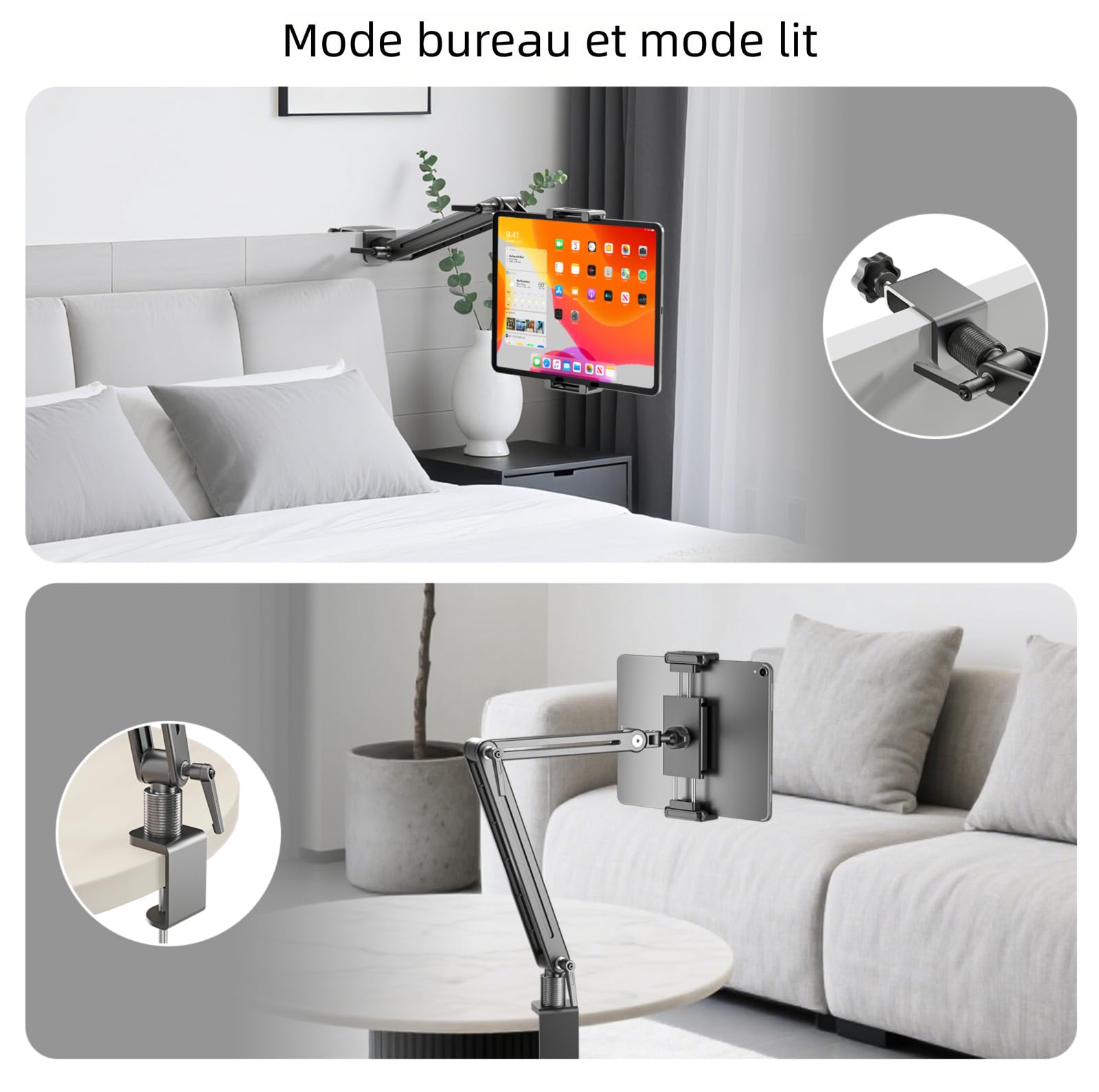 Support Tablette Bureau - Support iPad Portable en Alliage d’Aluminium avec Réglages Flexibles, Compatible avec iPad Air/Pro/Mini, Samsung Galaxy & 4,7-18,5 Pouces Appareils - Support Tablette Lit