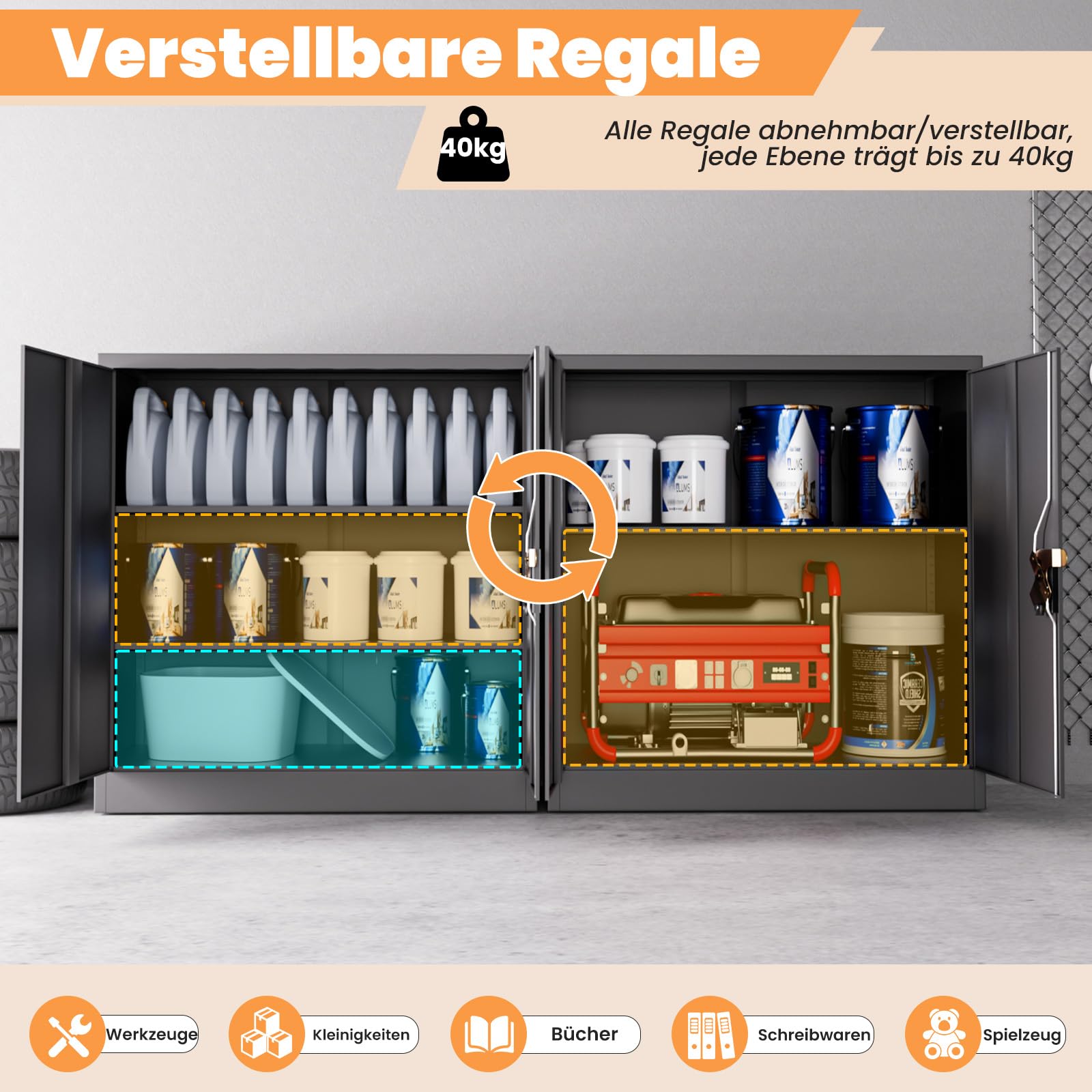 Frideko Aktenschrank 90 x 40 x 90cm - Metallschrank mit 2 Türen und 2 Verstellbaren Einlegeböden, Aufbewahrungsschrank mit Schloss für Zuhause, Büro und Lager, Schwarz