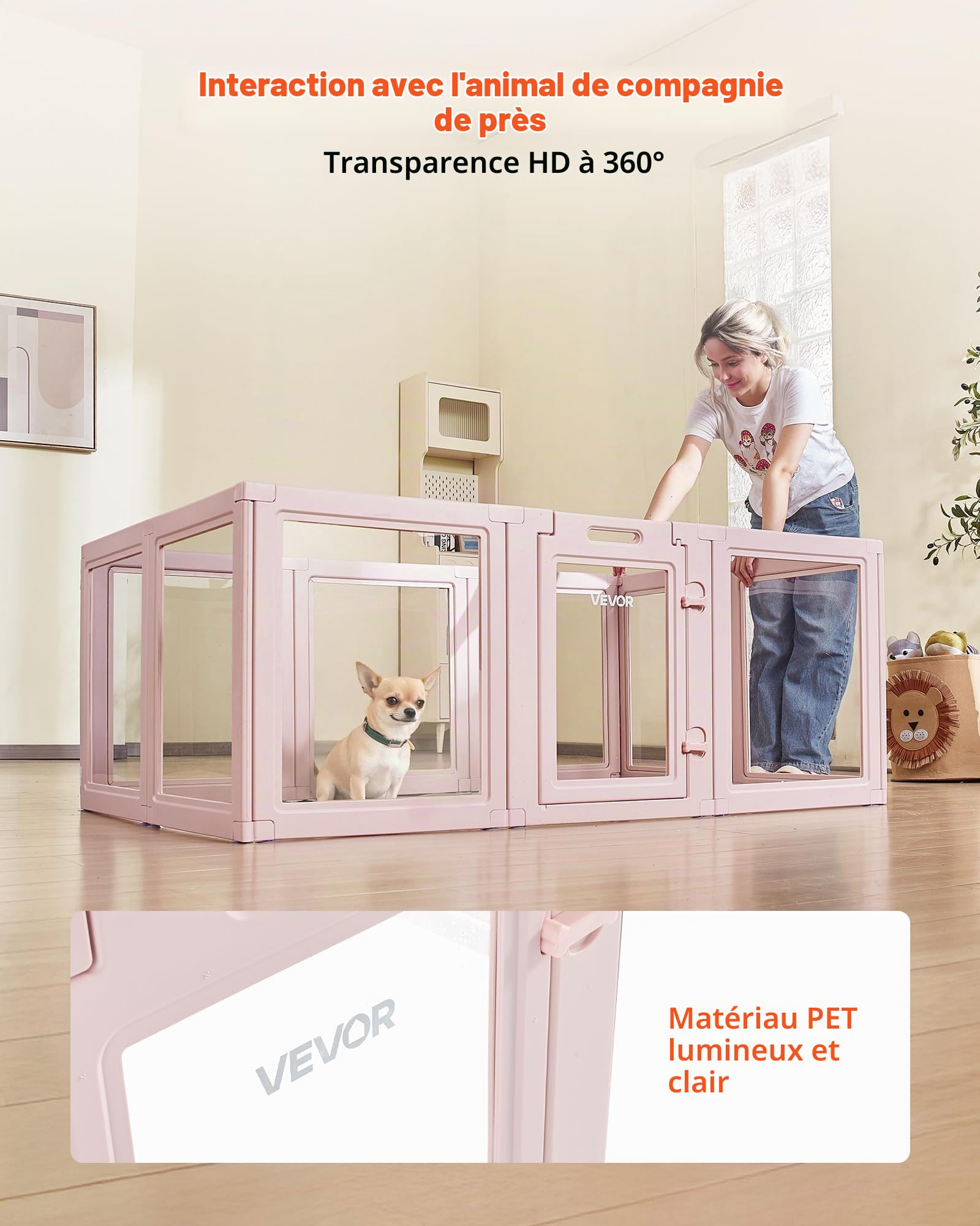 VEVOR Parc de Mise Bas pour Chien, 154 x 100 x 60 cm, Caisse de Mise Bas pour Chiots, avec Fenêtres Transparentes et Serrure, Cadre Rose Clair, Kit de Naissance Durable pour Chiens de Taille Moyenne