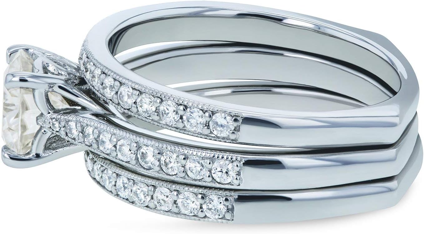 Kobelli Round Moissanite Square European Shank Vintage Style Trellis Bridal Set 1 3/5 CTW 14k White Gold