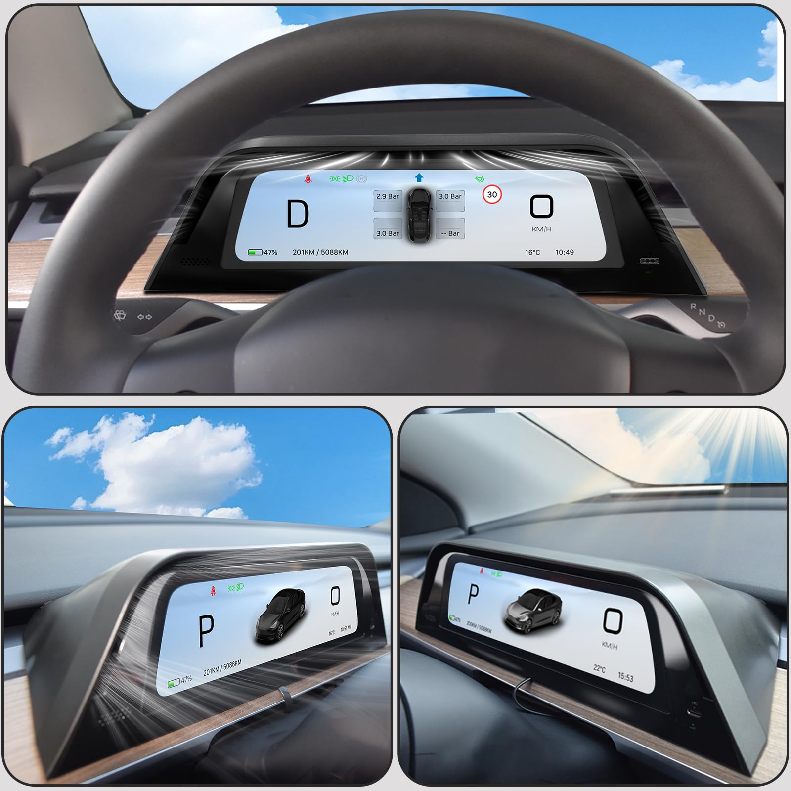 Heads Up Dispaly per Tesla Model Y 2019-2024 e Model 3 2017-2023 Schermo da 9,66" - Design aggiornato senza blocco della presa d'aria, CarPlay wireless Android Auto, Allarme angolo cieco