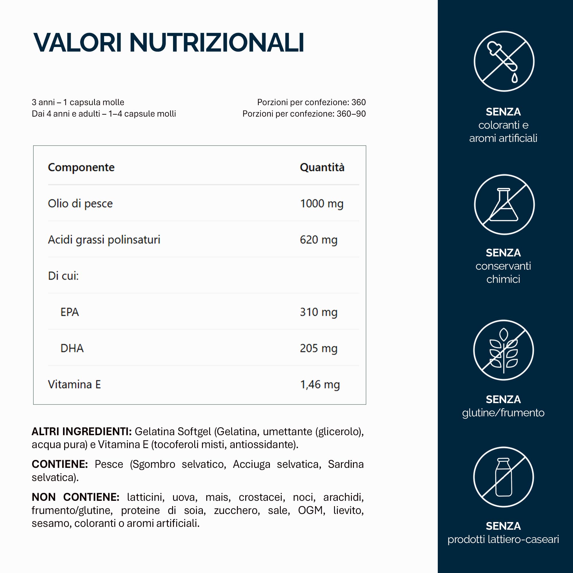 NFO Omega 3 Forte [360 capsule] Confezione Famiglia, Olio di Pesce Norvegese ad Alta Concentrazione di EPA:Formula DHA con Complesso Naturale di Vitamina E per Adulti e Bambini +3 Anni Prodotto in