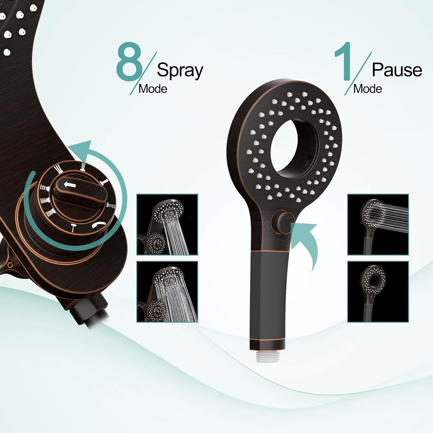 SR SUN RISE Oil Rubbed Bronze 1.8 GPM Single Handle Shower Faucet 8-Spray 2-in-1 Dual Shower Head with Handheld Magnetic Docking System with Pause Setting for Saving Water(Valve Include）