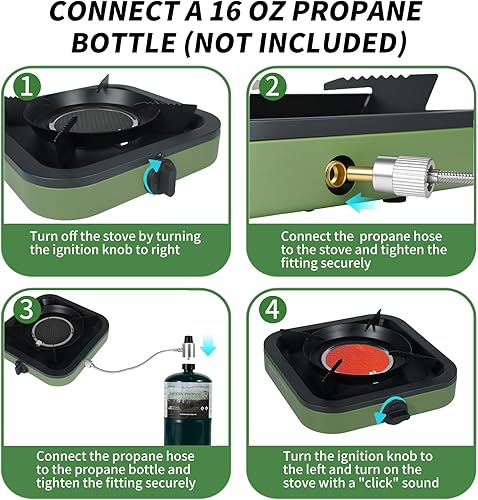 Miniatura 5 de Estufa portátil de campamento, estufa portátil de propano con manguera de gas, diseño cuadrado, verde militar y negro