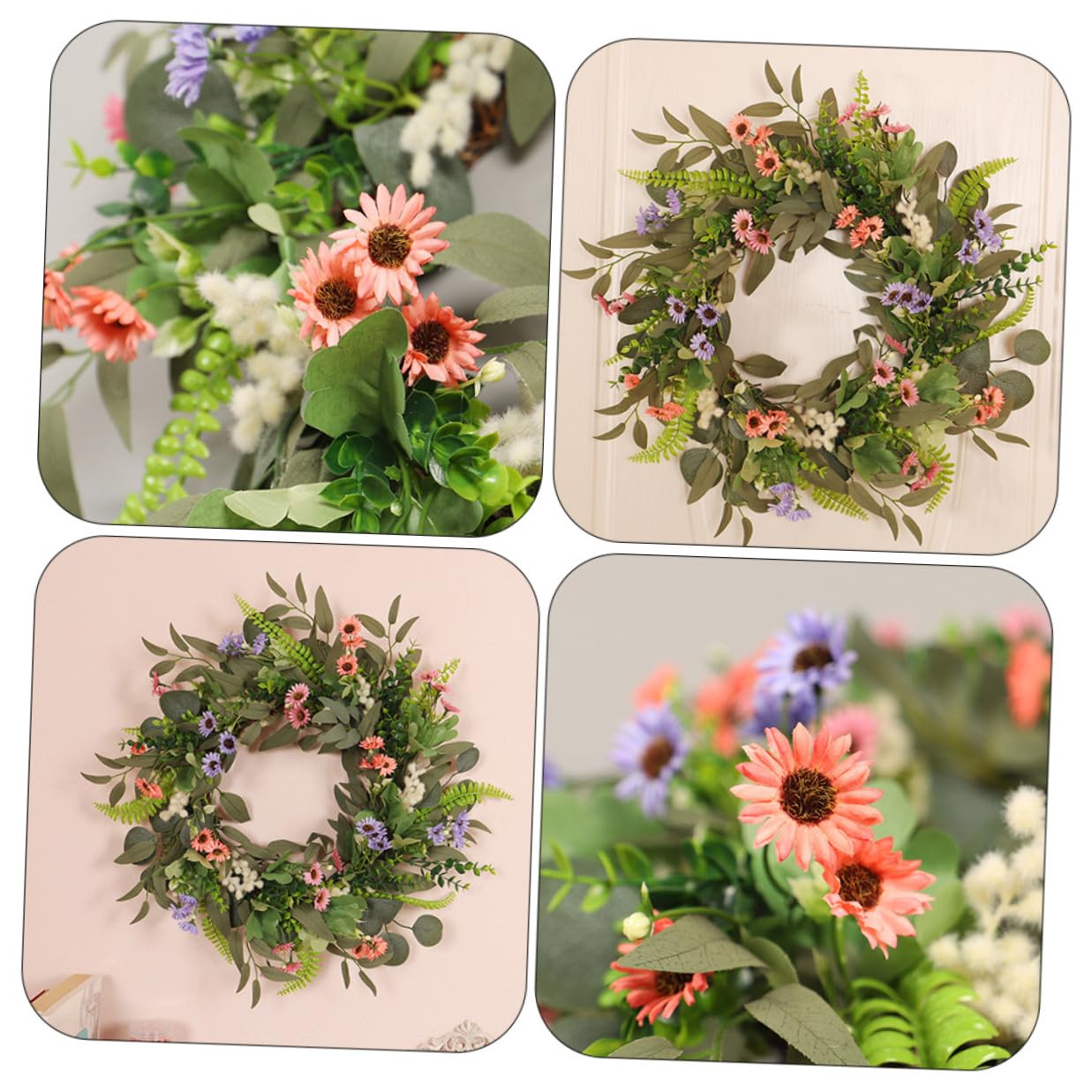 DOITOOL Künstlicher Eukalyptuskranz Hängende Sommerkranz mit Gänseblümchen als Haustürkranz Zeitlose Saisonale Wohnaccessoire Dekoration für Abschlussfest und Sommerfest