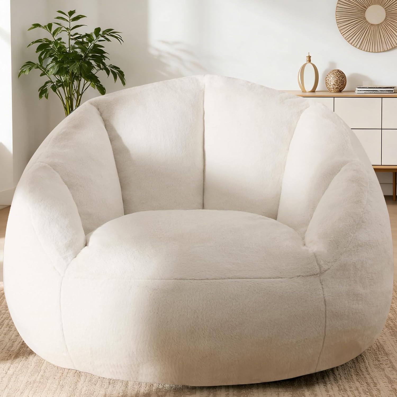 Giant Bean Bag Chair for Adults – Comfy Plush Round Shell Soft Accent Chair, Oversized Cozy Lounge Floor Sofa Reading Chair, Mini Couch for Living Room, Bedroom & Game Rooms, Beige