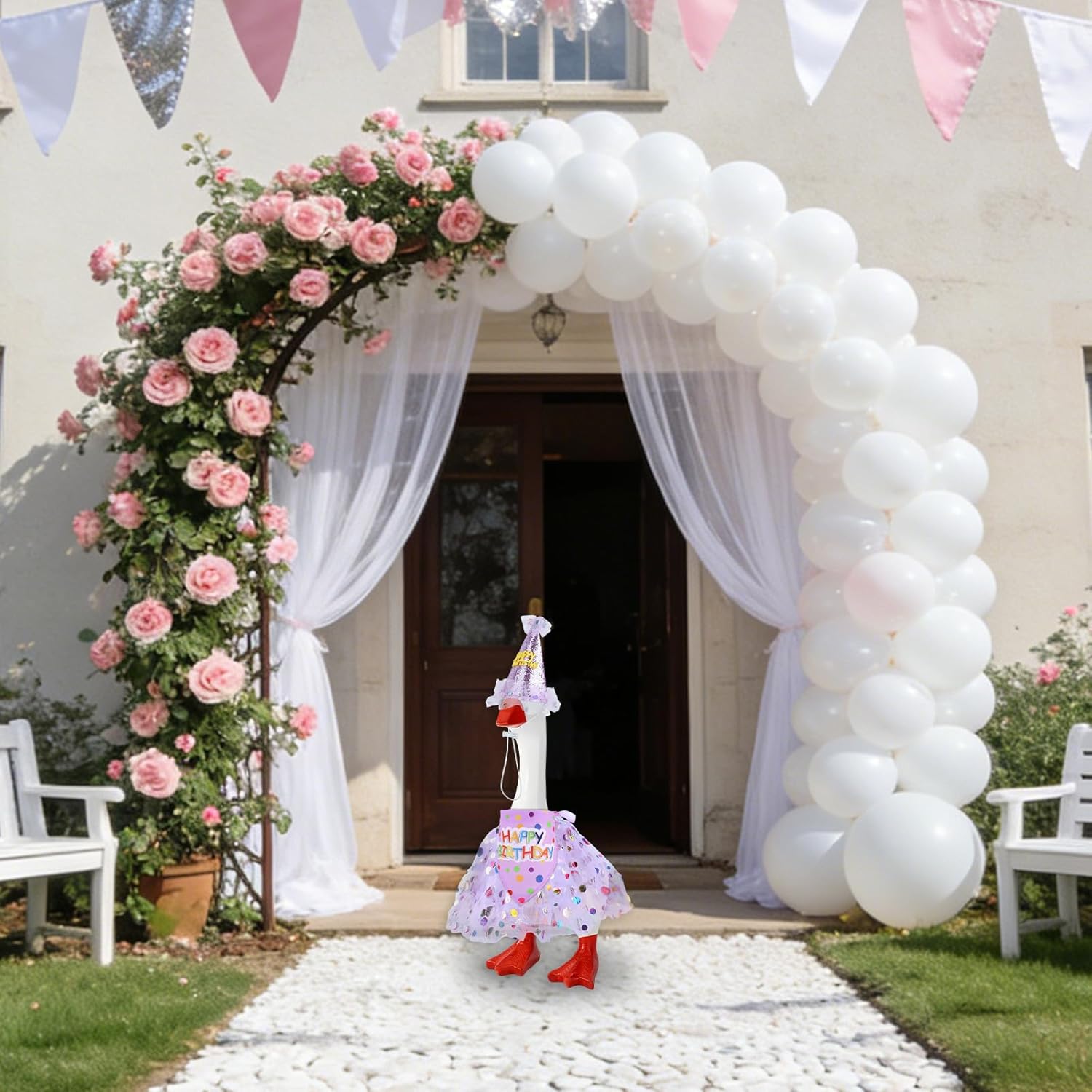 Porch Goose Birthday Outfit, Cute Birthday Goose Costume Hat & Tutu Skirt & Bandana for 23" 17" Cement Geese Funny Clothes for Outdoor Patio Yard Lawn Decoration (Purple) - Image 7