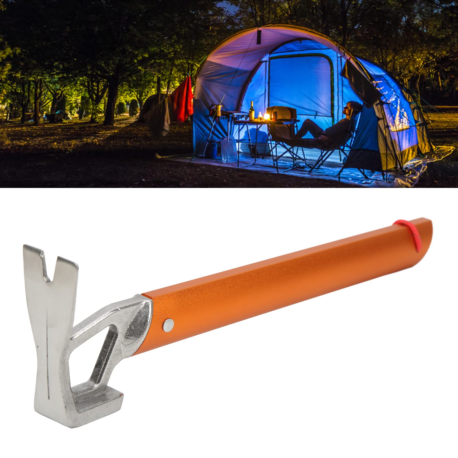 Marteau à piquets pour Tente de Camping en Plein air Multifonctionnel, poignée légère en Alliage d’Aluminium avec tête en Acier à Haute teneur en Carbone, extracteur de piquets de (Orange)