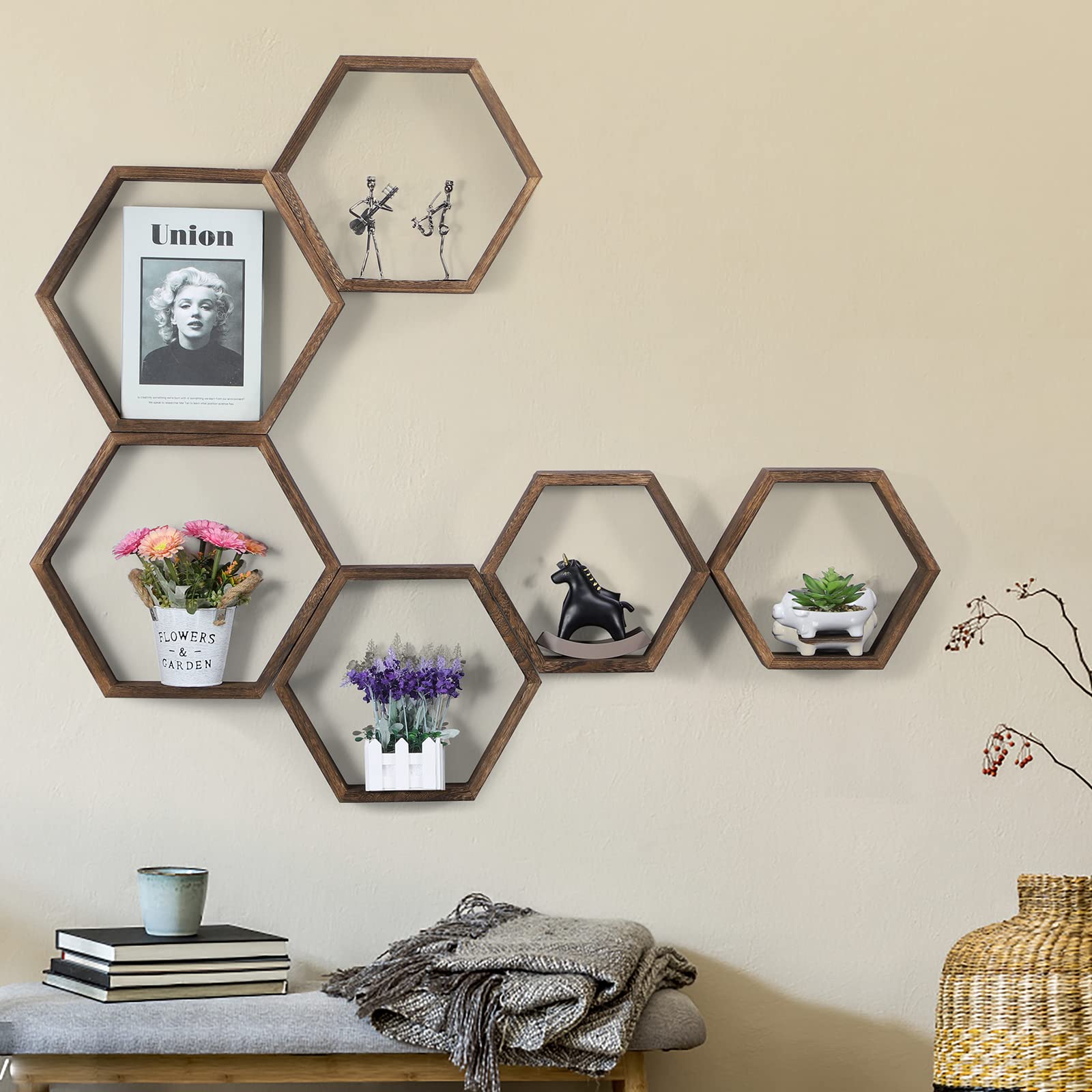 Hexagonal Floating Shelves Wall Mounted Set of 6 Wood Farmhouse Storage Honeycomb Wall Shelf for Bathroom, Kitchen, Bedroom, Living Room, Office,Driftwood Finish (Dark Brown)