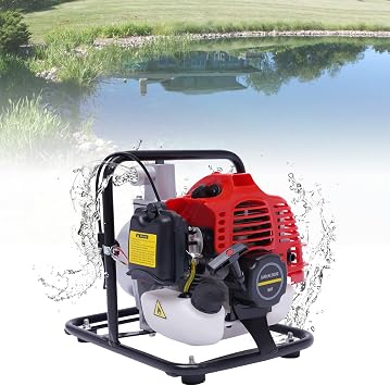 1" 2HP 43CC Portable Gas Powered Water Pump 1.25KW 2 Stroke Water Transfer Pump Air-Cooled Single Cylinder Engine 1" Large Water Inlet&Outlet for Garden Flood Factory Irrigation Red 7000RPM