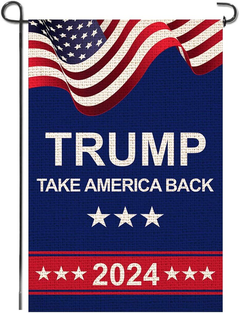 Shmbada American President Donald Trump 2024 Take America Back Burlap Garden Flag, Double Sided Premium Fabric, US Election Patriotic Outdoor Decoration Banner for Yard Lawn, 12.5" x 18.5"