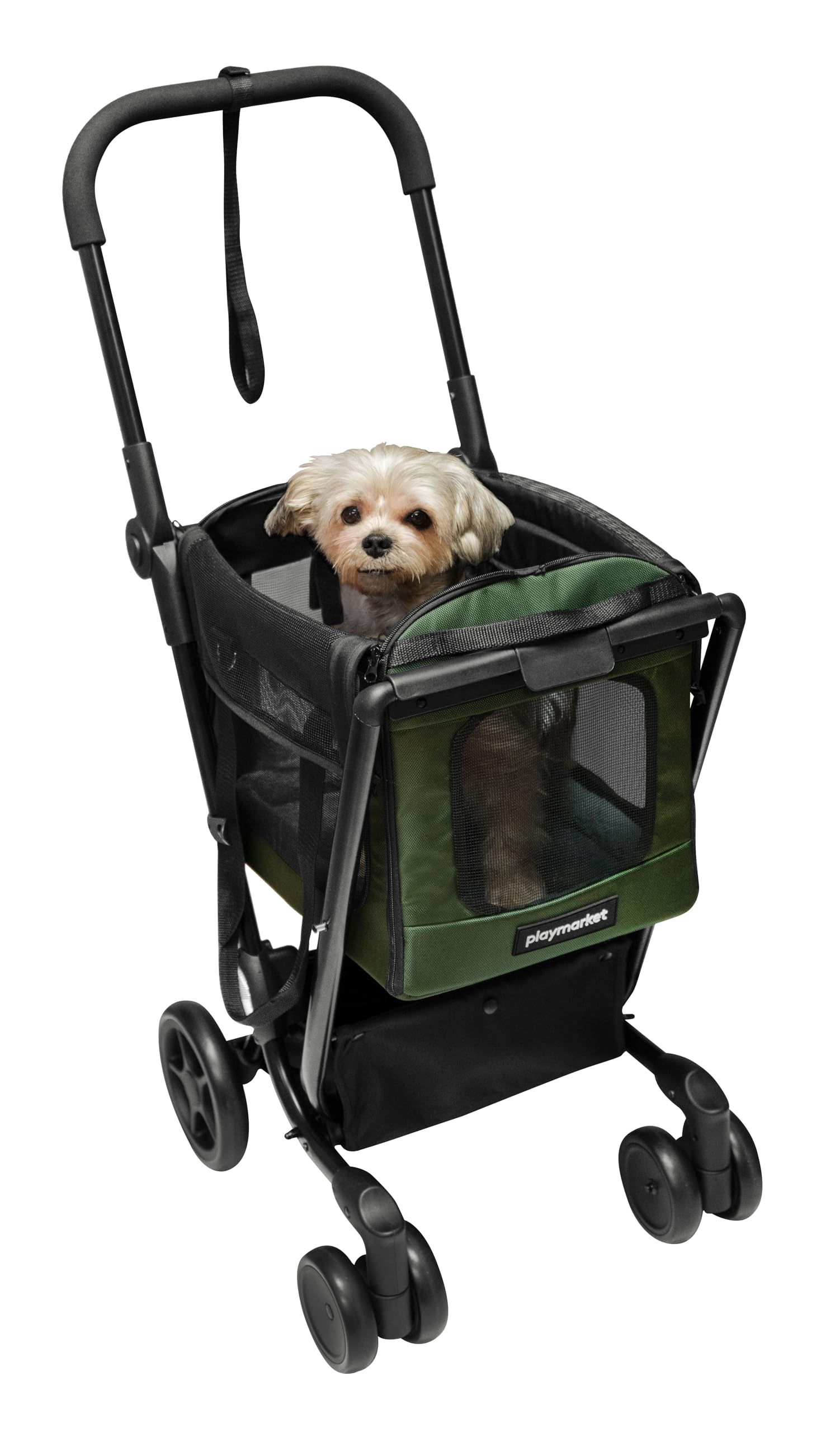 PLAYMARKET Easy go PETS Carrito para Perros 2 en 1, Bolsa de Transporte Plegable con Ventanas de Malla y Aperturas de Ventilación, Hasta 30 kg (mascota max. 6 Kg) - Color Olive (Oliva)