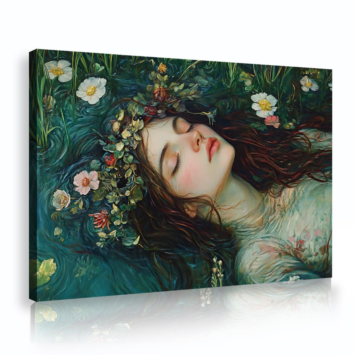 CHERHERART Modern Canvas Prints Posters Dreamy Green leaf Floral Canvas Wall Art for Bedroom Woman Sleeping with Flower Crown picture artwork 55x85cm Innerframe