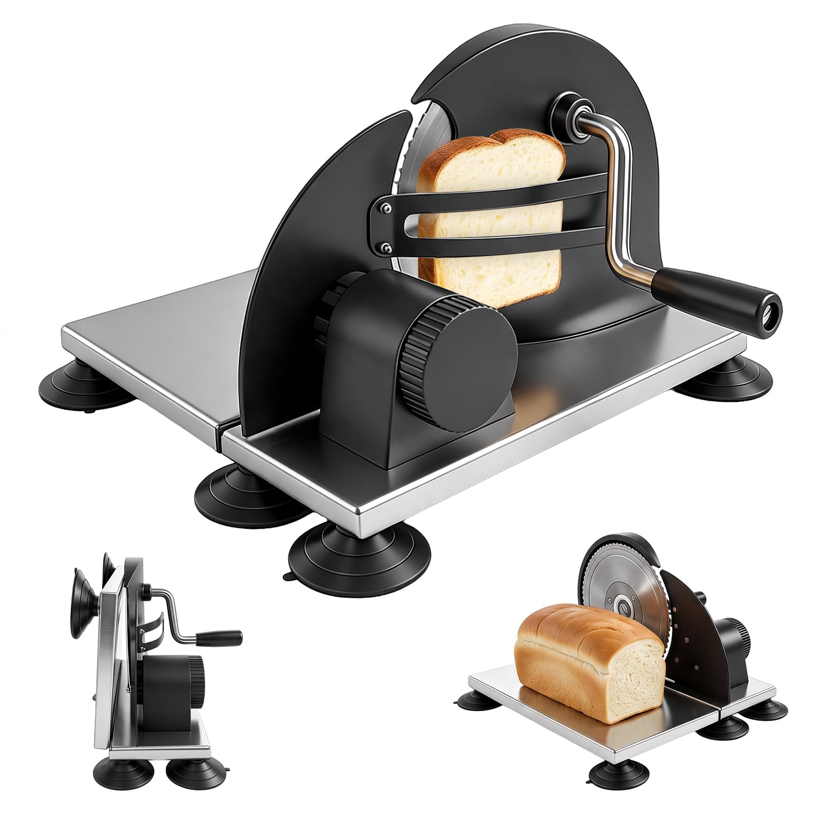 Manuelle Brotschneidemaschine mit Edelstahlfuß, Brotschneider mit Handkurbel & Saugnäpfen, Allesschneider für Brot, Schnittstärke 1–20 mm Einstellbar, Edelstahlklinge für Brot, Baguette & Käse