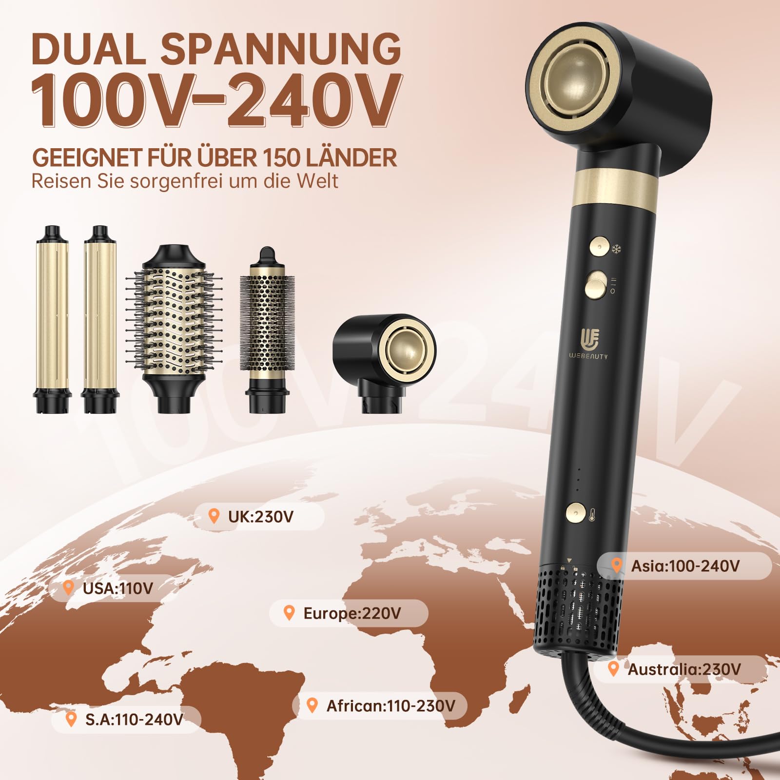 webeauty 6 in1 Hairstyler Airstyler Haarstyler Haartrockner Dual Voltage | mit Warmluftbürste Föhnbürste Auto Lockenstab 110,000U/Min Ionen rundbürste föhn 500 Millionen Rundbürstenföhn