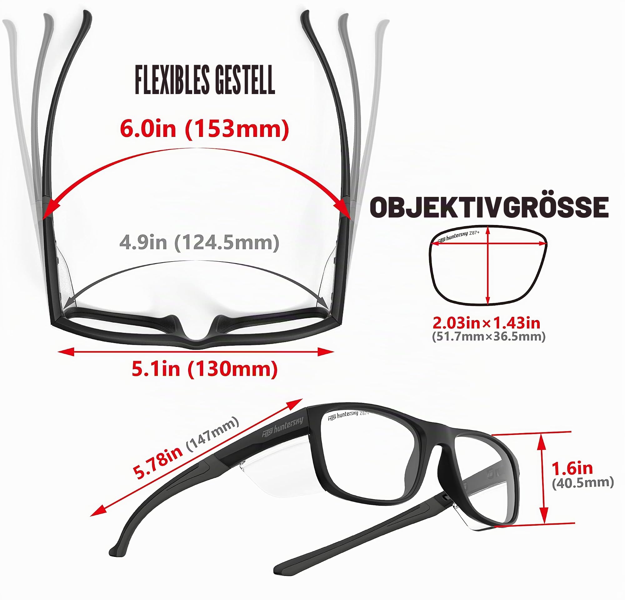 HTS HUNTERSKY TR90NZZ Schutzbrille mit Seitenschilden in kleiner Größe | ANSI Z87 Anti-Beschlag und kratzfest | geeignet für Labor und Zahnarzthelferin