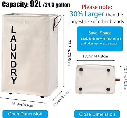 Miniatura 3 de Cesta de lavandería grande de 92 litros con mango de cuero, cesta de lavandería estable con ruedas, canasta grande, cesta de lavandería con ruedas,