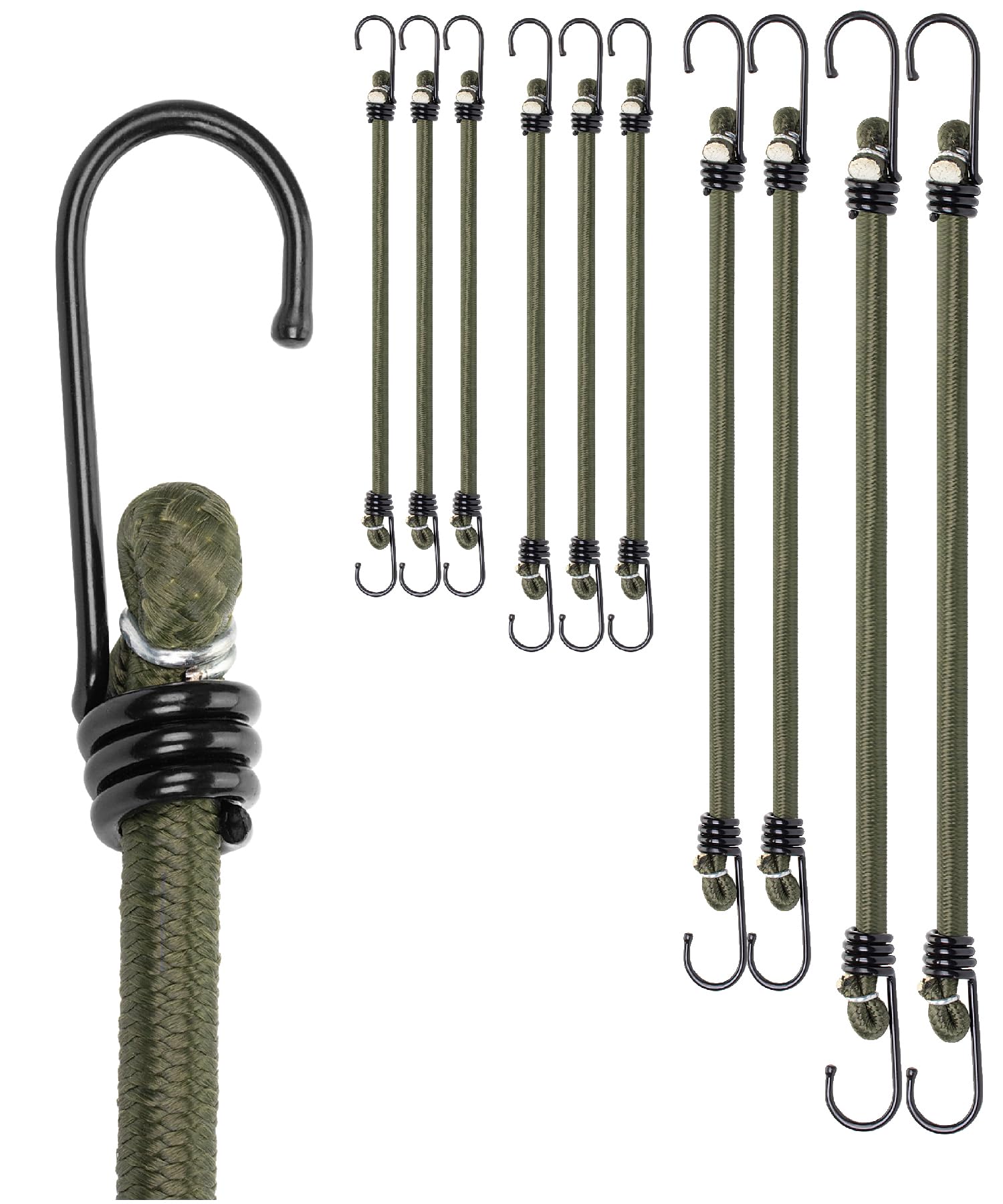 Bungee Cords with Hooks Heavy Duty Outdoor - 10 Pack – Choice of Sizes - Multi-Purpose Elastic Bungee Straps for Luggage, Camping