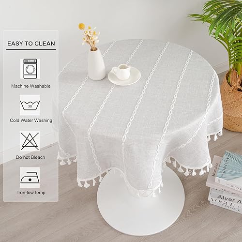 Miniatura 6 de YZKITM Mantel redondo rústico pequeño lavable a rayas de lino jacquard de peso pesado estilo granja con borlas para cocina, comedor, fiesta,