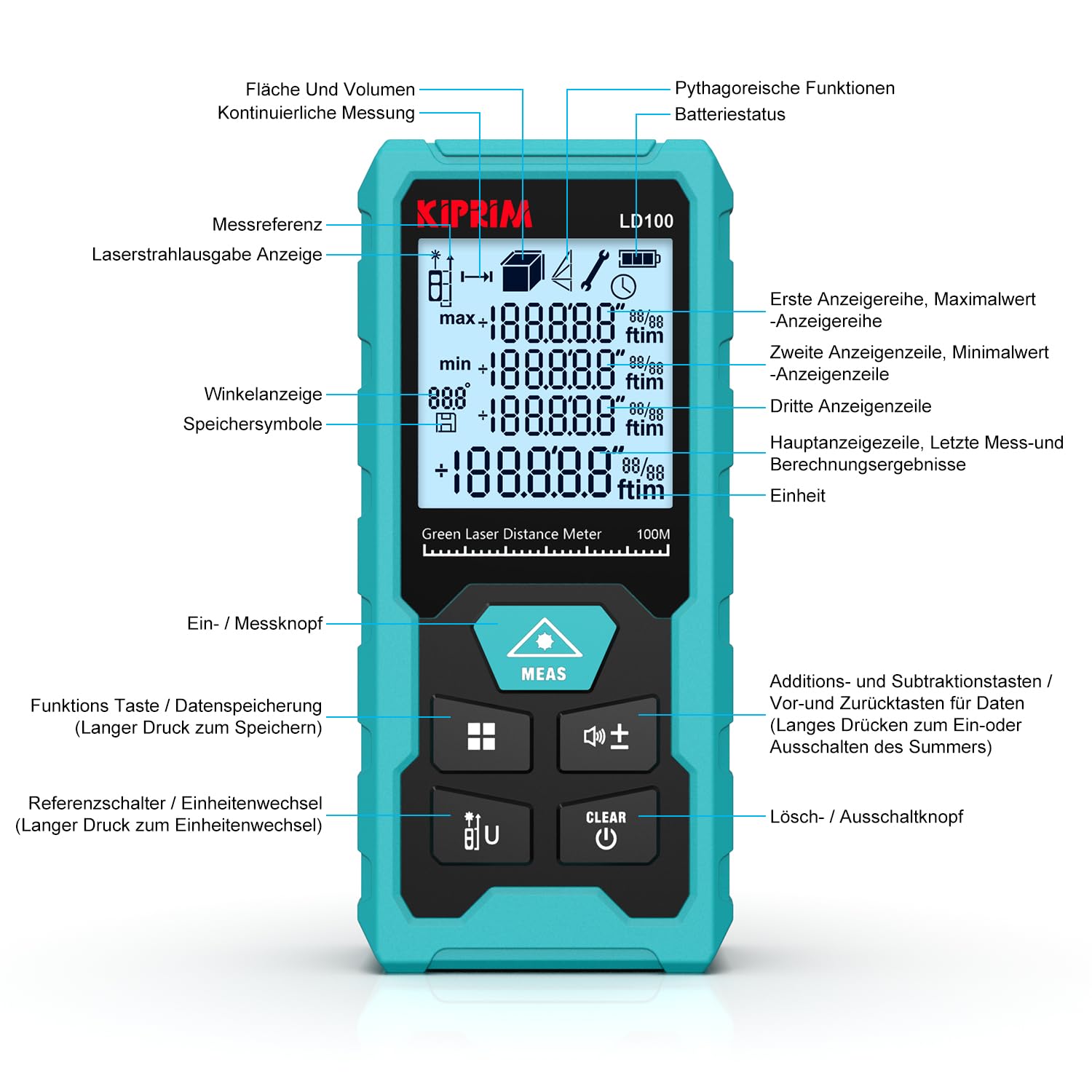 Kiprim Laser-Entfernungsmesser Grün, 100 m Digitales Messgerät mit USB-Typ-C-Akku, ±2 mm Genauigkeit, Elektronische Libelle, 10 Messmodi, Klasse II Laser, Reflektorplatte, LD100