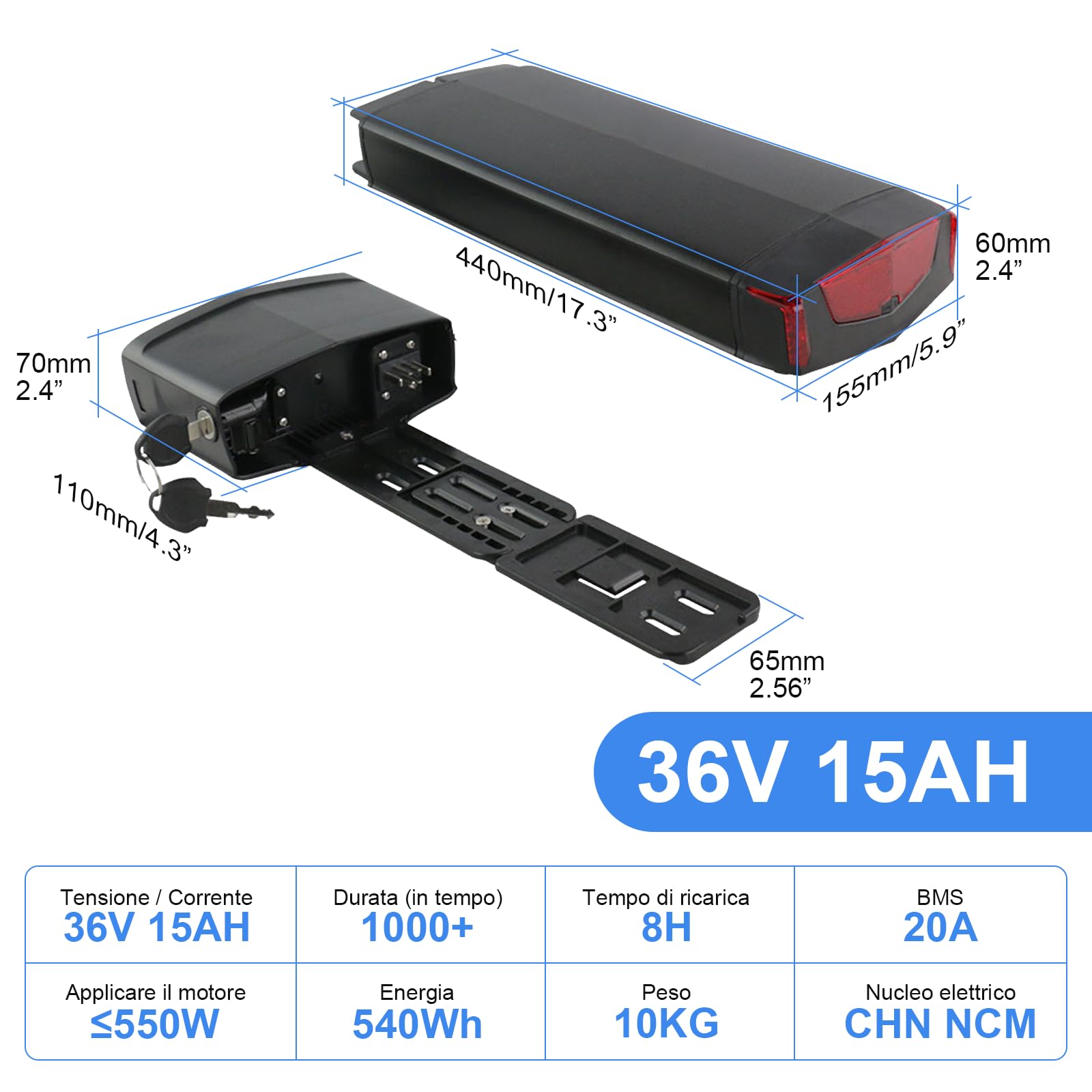 36V 15Ah Batteria Bici Elettrica con Portapacchi, Batterie per Biciclette Elettriche con BMS da 20A, caricabatterie rapido per ruote di conversione per e-bike Bafang e altre marche da 0 a 500W