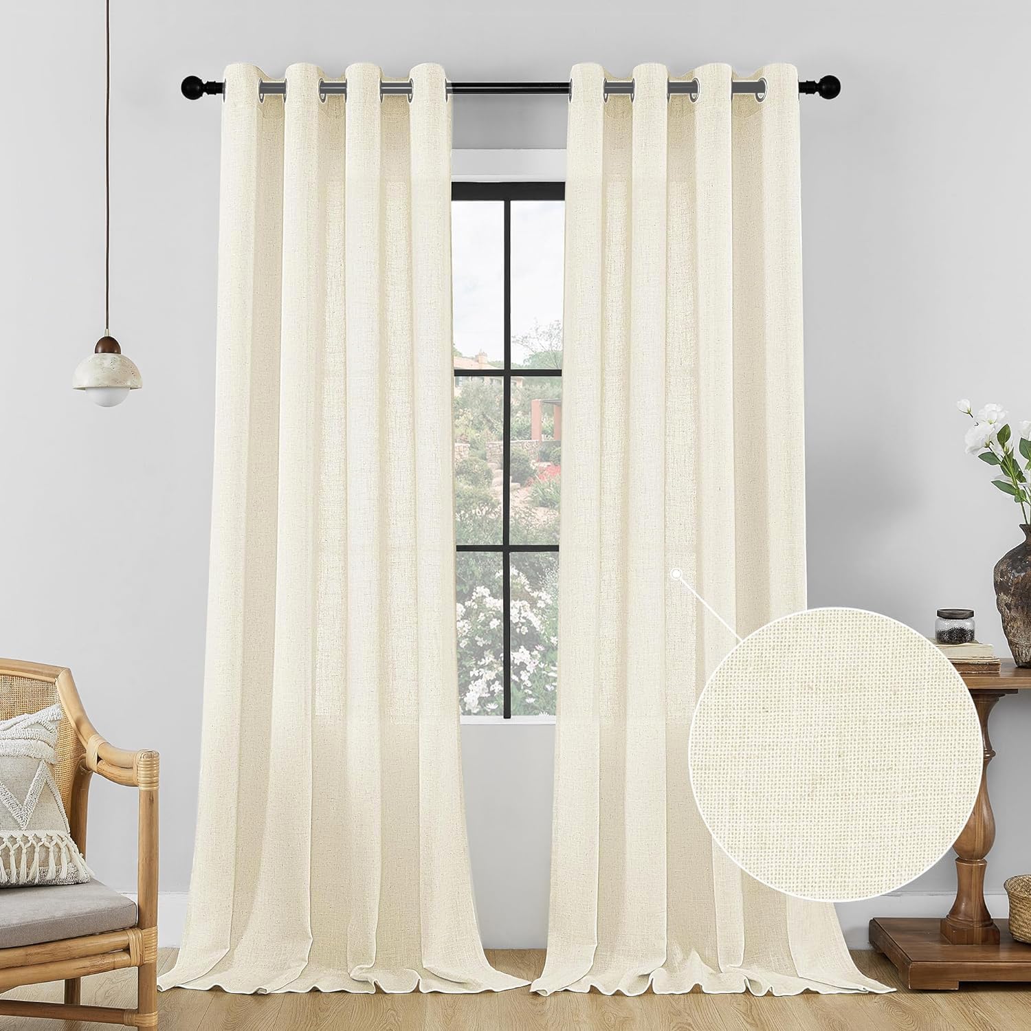 CUCRAF Linen Curtains Eyelet Sheer Net Voile 2 Panels 55" Width x 10" Drop Natural, W 55" x L 102" (2 Panels)