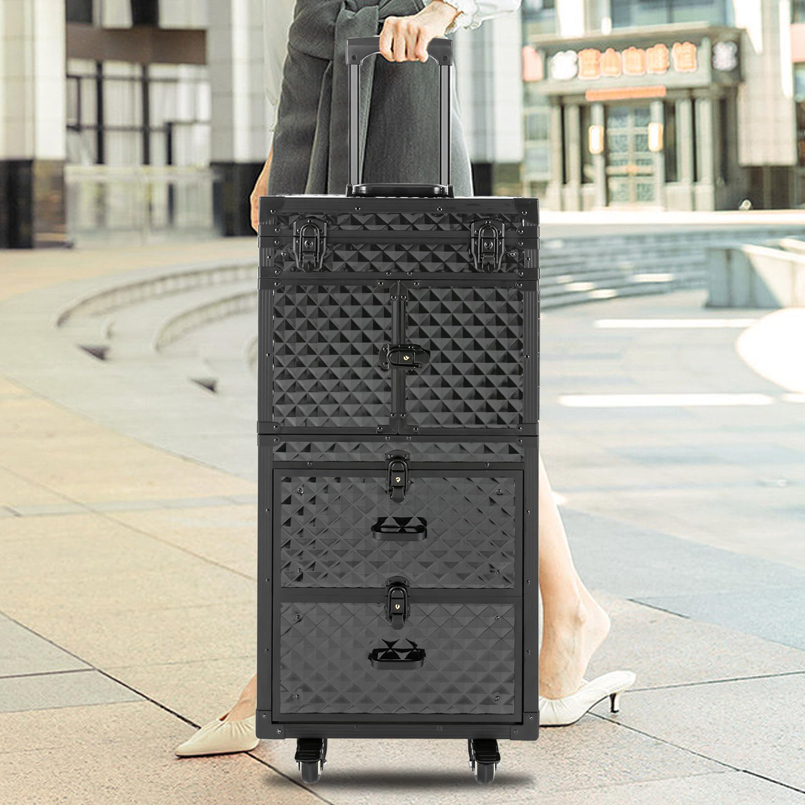 Mallette de maquillage professionnelle avec 4 roulettes - Valise à roulettes - En aluminium - Pour voyage, coiffure, maquilleur - Noir, Noir , Moderne