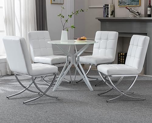 Miniatura 6 de EALSON Juego de 4 sillas de comedor modernas, tapizado de cuero blanco con patas de metal cromado y respaldos altos copetudos, sin brazos, para