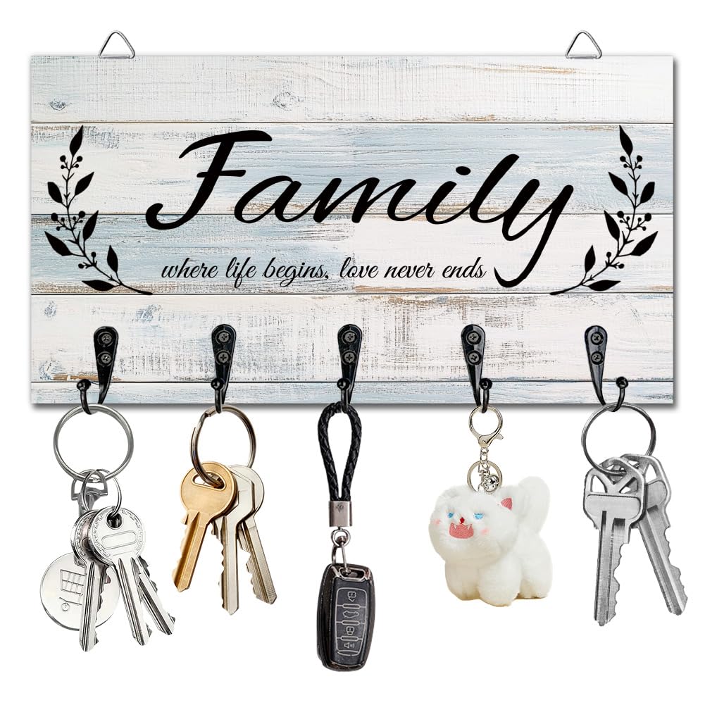 DELORIGIN Key Holder Key Hooks Organizer Hanger Rack Family Wall Mounted Wooden Key Rack with 5 Key Hooks for Home Entryway Front Door Kitchen Hallway Bedroom Wall Decorative Key Storage