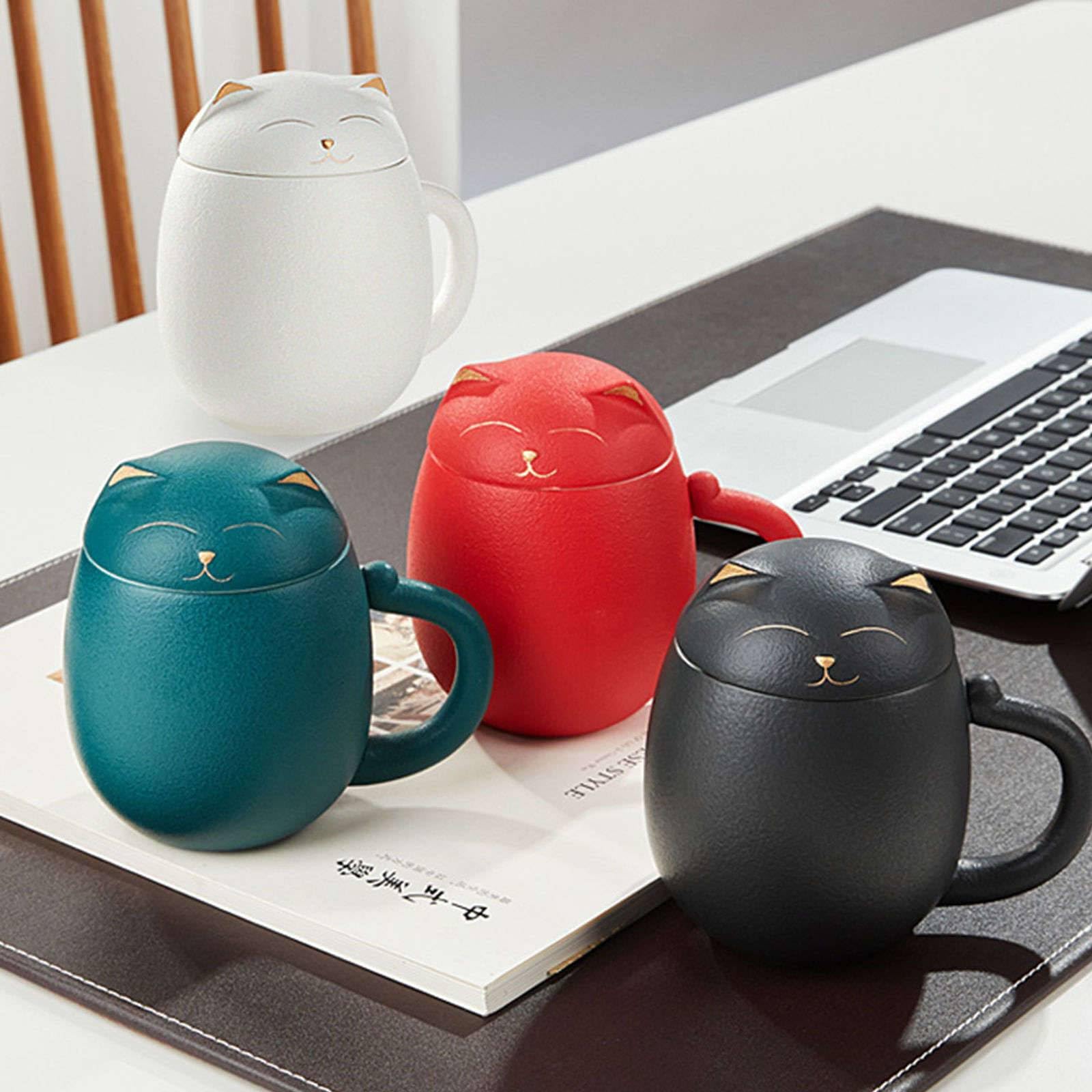 Tazza da tè in Porcellana/Ceramica con infusore per Foglie sfuse, Creativo Portafortuna con infusore per tè a Forma di Gatto con Coperchio, 350 ml, Tazza da tè Portatile verde-400