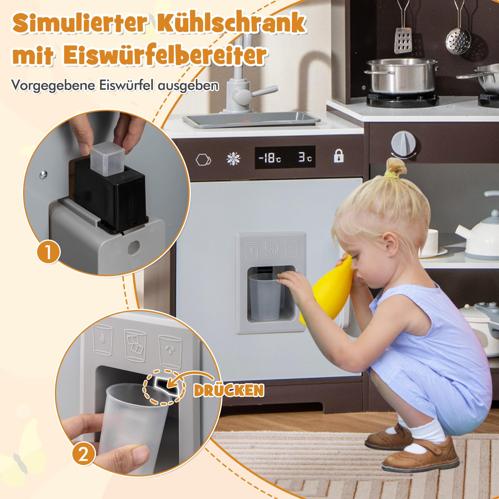 COSTWAY Kinderküche Holz, Spielküche mit Dunstabzugshaube, Spüle, Wasserhahn, Mikrowelle & Ofen, Spielzeugküche mit Lincht und Sound, Holzküche mit Zubehör für Kinder ab 3 Jahren (Braun)