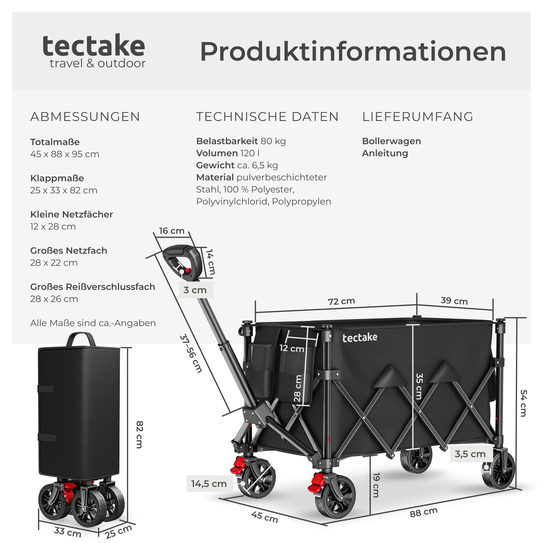 tectake® Bollerwagen faltbar, Transportwagen klappbar, Transporter mit Teleskopgriff und Rückholmechanismus, Profil Kunststoffräder mit Bremse, mit Plane und Einlegebogen, Belastbarkeit 80 kg - 120 L