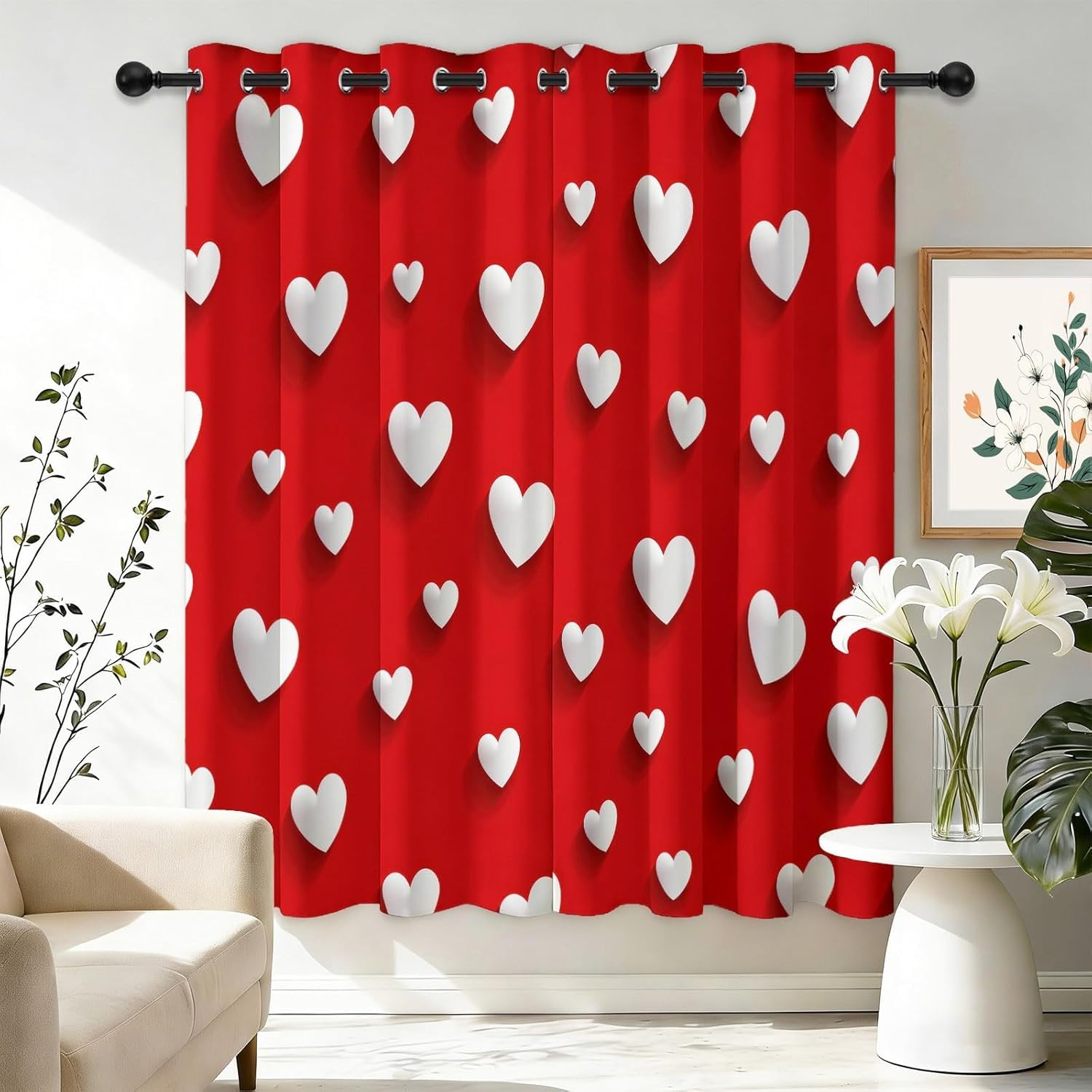 Rideau occultant court blanc à cœur 75x166cm pour fenêtre de chambre d'enfant