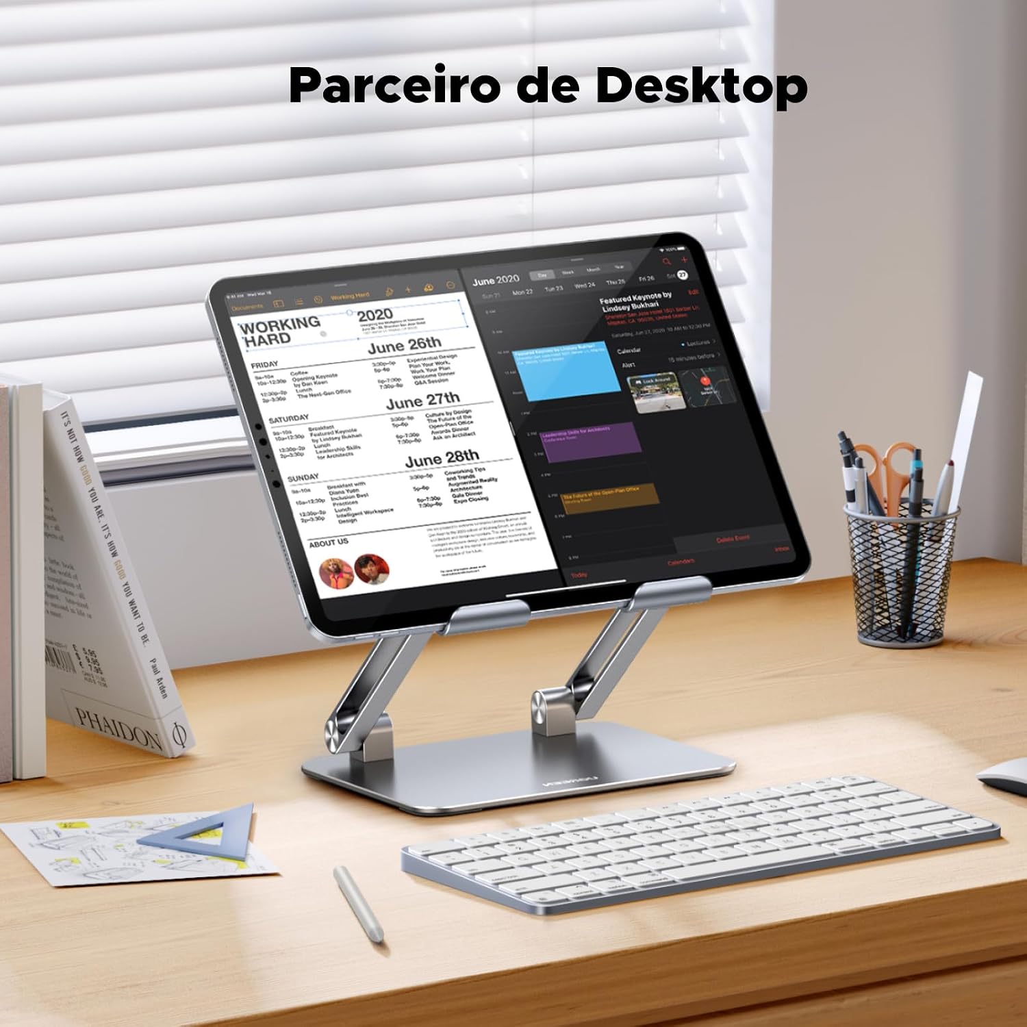UGREEN Suporte para Tablet de Mesa com Haste Dupla, Suporte de Alumínio Articulado Ajustável em Vários Ângulos, Compatível com Notebook, Tablet, Telefone, Leitor de E-books e Outros Objetos, Prata