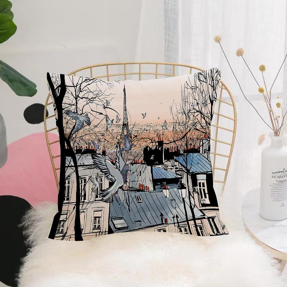 HYOSXW Cushion Cover,Throw Pillow Case Home Decorative for Living Room Bedroom Sofa Chair 16X16 Inch,Montmartre in Paris with eiffel tower - vector illustration,Pillowcase 40X40cm