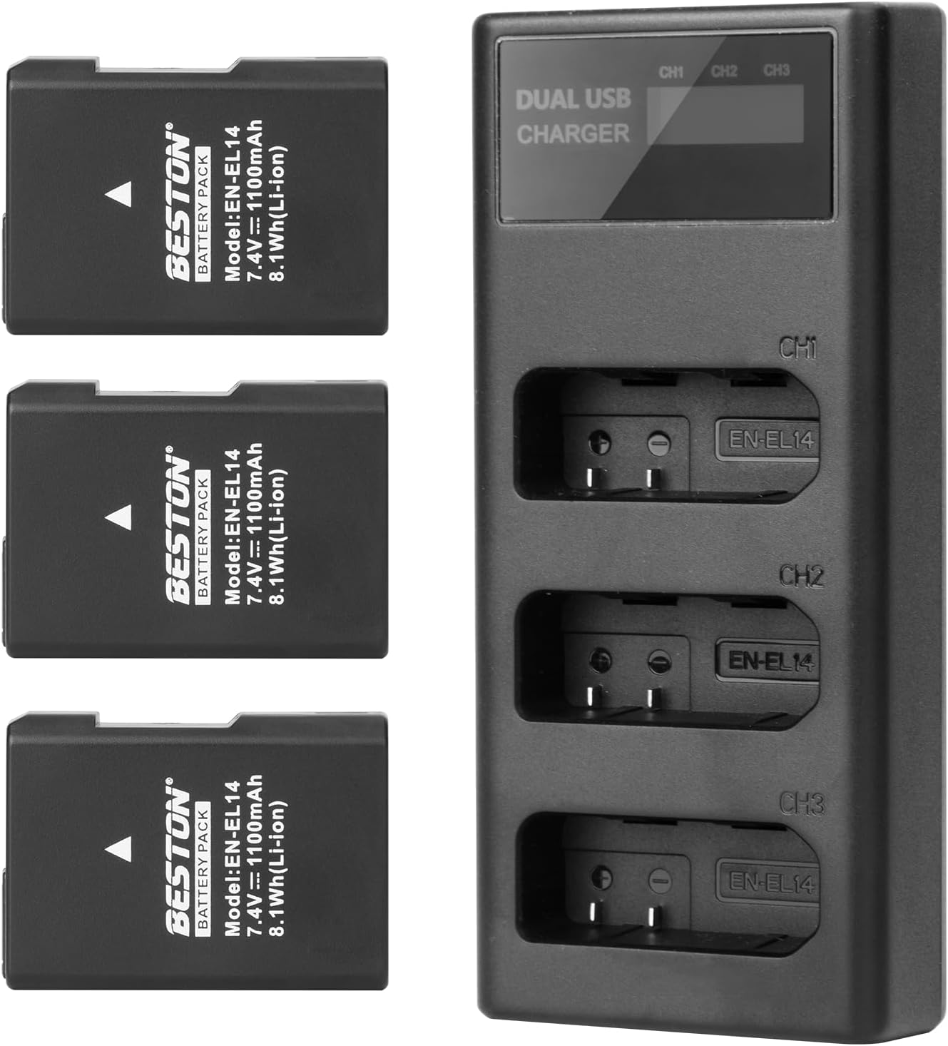 BESTON 3-Pack EN-EL14 / EN-EL14a Battery Packs and Rapid USB Charger Compatible with Nikon D3100 D3200 D3300 D3400 D3500 D5100 D5200 D5300 D5500 D5600 DF Coolpix P7000 P7100 P7700 P7800 Cameras