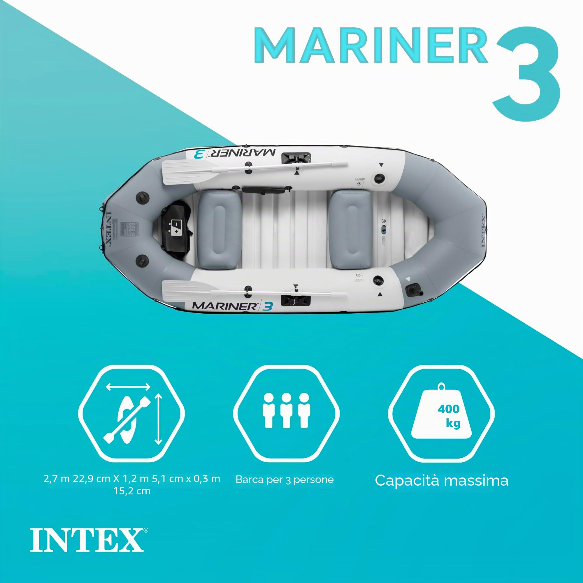 INTEX Serie di barche gonfiabili Mariner: include remi da barca deluxe e pompa ad alto rendimento - PVC super resistente - chiglia resistente all'usura - porta canna da pesca rimovibile - maniglia