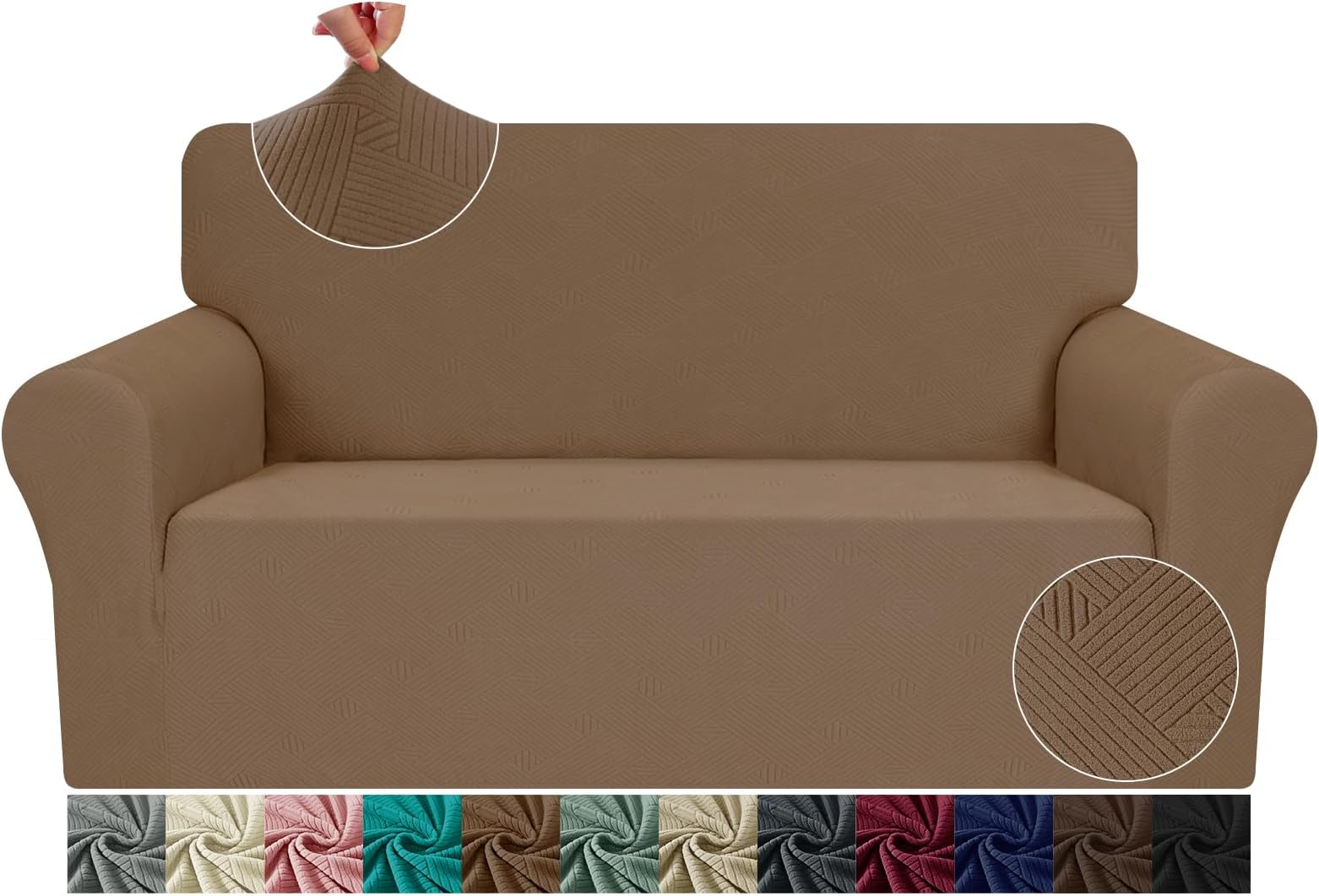 JIVINER Loveseat Slipcovers, 1 Piece Stretch Couch Covers for 2 Cushion Furniture Protector with Elastic Bottom for Kids Pets Jacquard 2 Seater Sofa Cover (Loveseat, Brown)